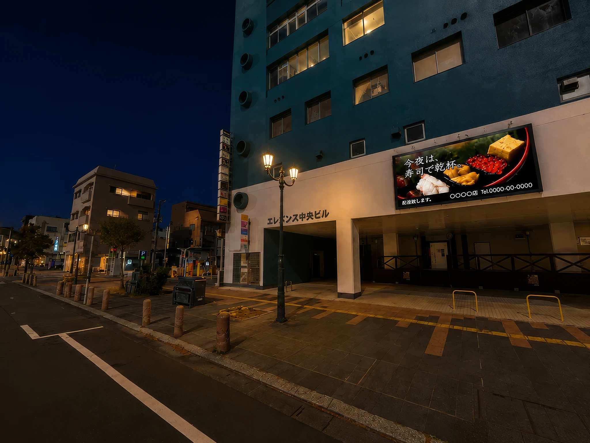 エレガンス中央ビルに設置された大型デジタルサイネージ（夜景）